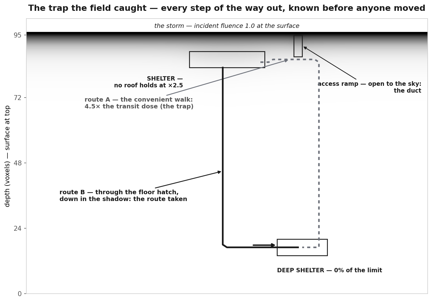 A vertical slice through the lunar base during the storm. The dose field shades from black at the surface — the storm — fading to white with depth. Near the surface, the shelter outline is labeled: no roof holds at times 2.5. A small shaft to its east is labeled: access ramp, open to the sky — the duct. A grey dashed route runs from the shelter east past the ramp and down a far shaft, labeled: route A, the convenient walk, 4.5 times the transit dose — the trap. A solid black route drops from the shelter's floor hatch straight down and across in shadow to a deep shelter labeled: 0% of the limit — the route taken.